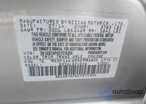 2014 Nissan Sentra Sv z USA, uszkodzony, nr VIN 3N1AB7AP6EY274354